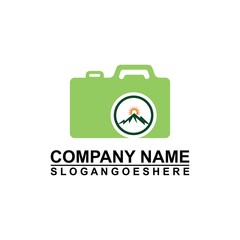 Logo photo camera and mountain, digital version nature creative symbol concept. Logo Outdoor adventure and logo Mountain tourism, hiking