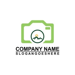 Logo photo camera and mountain, digital version nature creative symbol concept. Logo Outdoor adventure and logo Mountain tourism, hiking