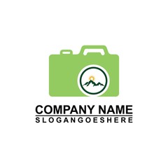 Logo photo camera and mountain, digital version nature creative symbol concept. Logo Outdoor adventure and logo Mountain tourism, hiking