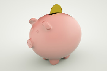 Gold coin falls into pink piggy bank, 3D render