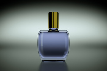 Blue bottle with perfume on a reflective background, 3D render
