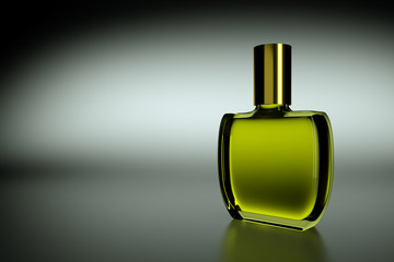 Yellow bottle with perfume on a reflective background, 3D render