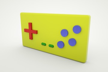 Yellow joystick with colored buttons on white background, 3D render