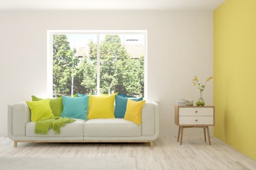White living room with sofa and summer landscape in window. Scandinavian interior design. 3D illustration