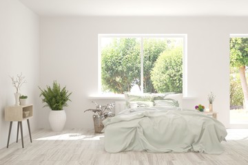 White bedroom interior. Scandinavian design. 3D illustration
