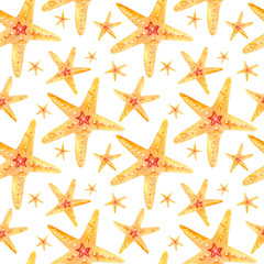 Fototapeta na wymiar Watercolor seamless patterns hand-drawn with orange starfishes on a white background. Perfect for postcards, patterns, banners, posters, nautical wallpapers, gift wrapping or clothing prints