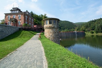 Fototapeta premium Valley dam Bystricka. View of the dam tower and dam. East Moravia. Czechia. Europe. 