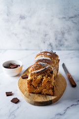 Pull Apart Bread with chocolate drops and powdered sugar