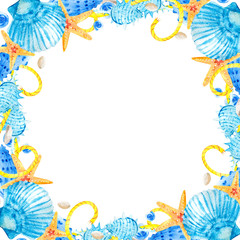 Watercolor square frames with sea shells, stars and snails on a white background. Marine composition illustration. Clipart for hand-drawn postcard design template