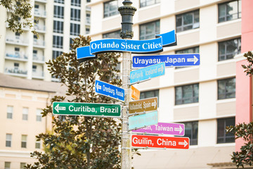 directions during stroll through downtown Lake Eola on Orlando Florida on a fall winters afternoon on a weekend day. 
