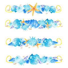 Fototapeta na wymiar Watercolor clipart compositions for decoration with blue sea shells, orange starfish and snails on a white background. Marine composition. Illustrations for postcard design template hand-drawn