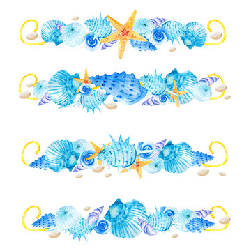 Watercolor clipart compositions for decoration with blue sea shells, orange starfish and snails on a white background. Marine composition. Illustrations for postcard design template hand-drawn