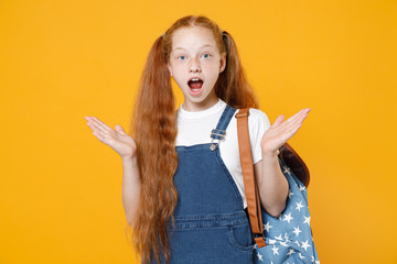 Shocked redhead school teen girl 12-13 years old pony tails in white t-shirt backpack spreading...