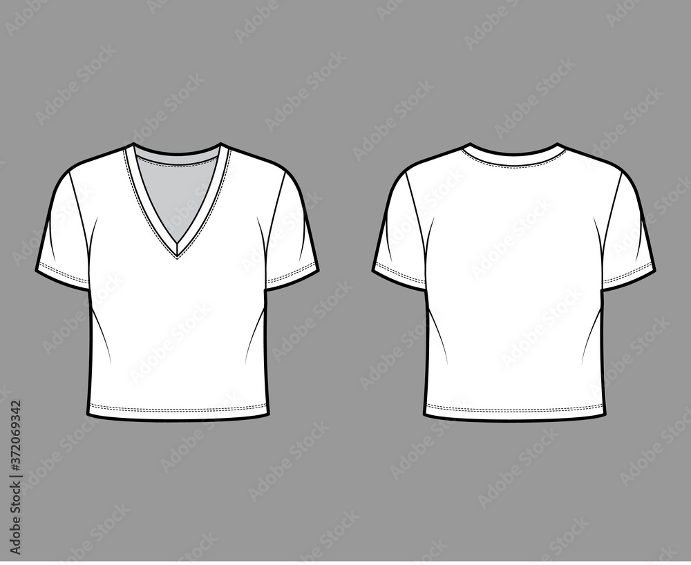 Wall mural Cropped cotton-jersey t-shirt technical fashion illustration with deep V-neck, short sleeves, waist length. Flat outwear basic apparel template front back white color. Women men unisex top CAD mockup