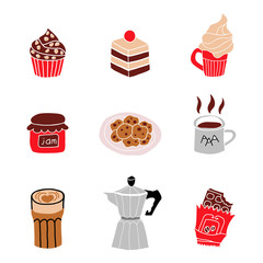 Scandinavian hygge vector icons. Bakery objects flat style. Set of pastry and coffee kitchenware.