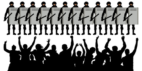 Naklejka premium Confrontation of crowd of protesters with riot police. Silhouette vector illustration