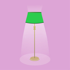 vintage green floor lamp that glows and illuminates the space around it on a pink background