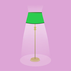 vintage green floor lamp that glows and illuminates the space around it on a pink background