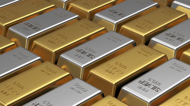 3D animation of the rotation of rows of gold and silver bars. 4K resolution.