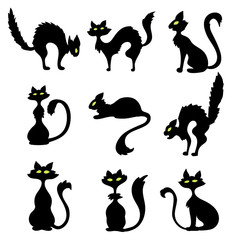 Set of black evil cat for halloween card design hand drawn isolated on white, stock vector illustration