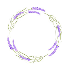 Fototapeta na wymiar Round border frame with lavender flowers isolated on white for greeting card design, stock vector illustration