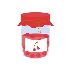 Jar with cherry jam, home made tasty dessert isolated on white background in doodle style stock vector illustration. Vector illustration