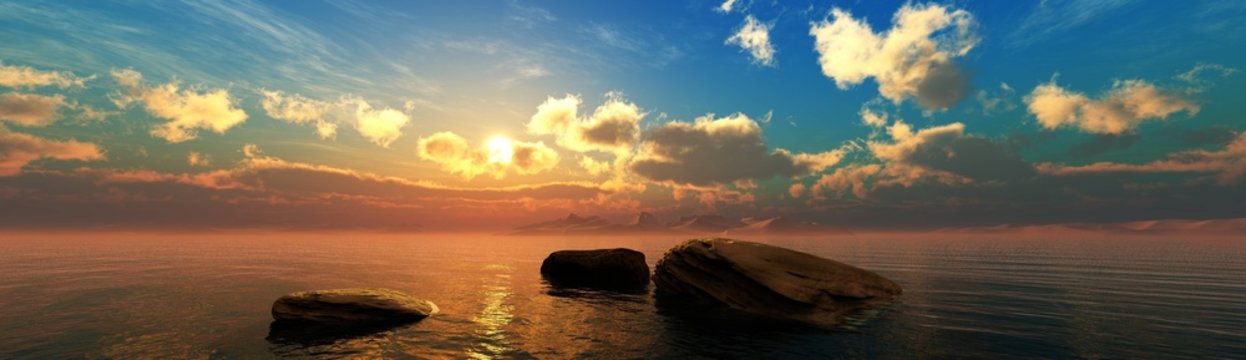 Stones in the water at sunset, sunset seascape, ocean sunrise over stones, 3D rendering