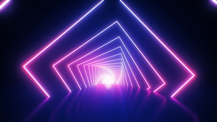 Abstract neon geometric background. Retro futuristic ultraviolet backdrop with bright glowing lines in a tunnel with pink and blue. VJ 3D Illustration for EDM music video, club, concert