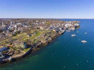 Crocker Park at Marblehead harbor and town center aerial view, Marblehead, Massachusetts MA, USA.