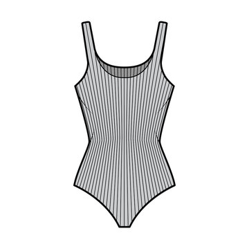 Ribbed cotton-jersey tank bodysuit technical fashion illustration with fitted knit body, sleeveless. Flat outwear cami apparel template front, grey color. Women men unisex top CAD mockup.