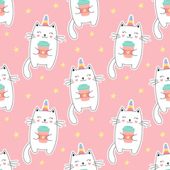 Seamless pattern sweet kitty unicorn, little kitten, a cup of coffee. Girlish print for textiles, packaging, fabrics, wallpapers.