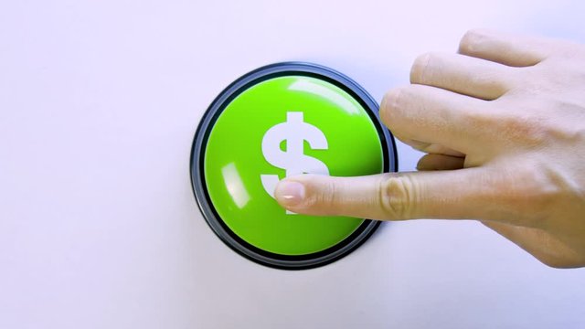 Business person pushing green glossy money button with dollar sign. Press button to earn big bucks. 4K video for payment system, financial institution, stock market, digital wallet, crediting, banks