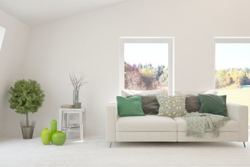 White living room with sofa. Scandinavian interior design. 3D illustration