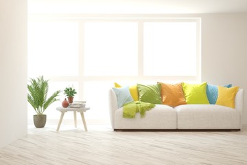 White living room with colorful sofa. Scandinavian interior design. 3D illustration