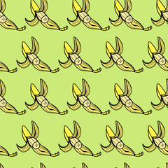 seamless pattern yellow bananas with a black outline on a light green background