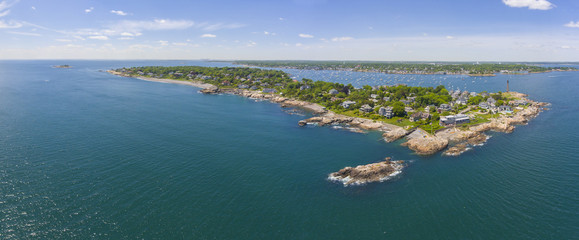 Aerial view panorama of Marblehead Lighthouse, built in 1835, on Marblehead Neck and Marblehead Harbor in town of Marblehead, Massachusetts MA, USA. 