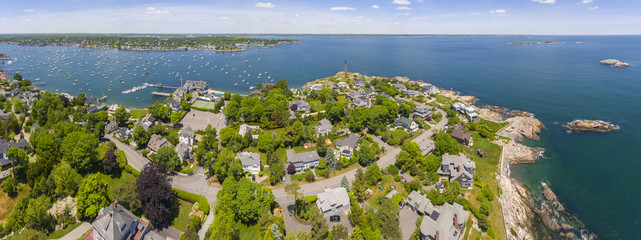 Aerial view panorama of Marblehead Lighthouse, built in1835, on Marblehead Neck and Marblehead...