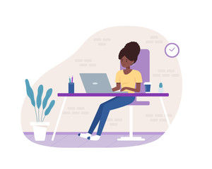 Woman sitting at desk and working on laptop. Freelance, remote work, home office