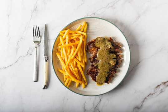 Scott fillet with french fries and homemade mustard sauce 