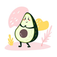 Funny Avocado character. Greeting card with sweet avocado. Vector illustration isolated on white background.