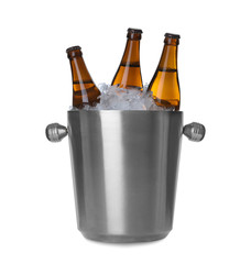 Metal bucket with beer and ice cubes isolated on white