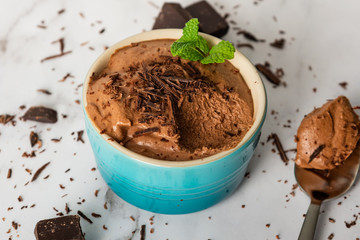 Homemade Chocolate mousse with mint in a ramekin