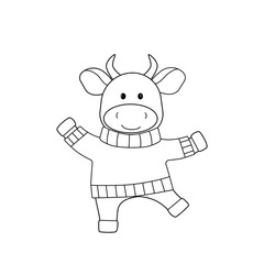 Dancing bull in a sweater. Black outline, sketch, simple silhouette of a cute animal.