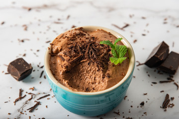 Homemade Chocolate mousse with mint in a ramekin