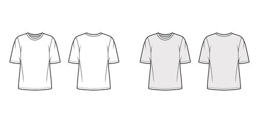 Cotton-jersey t-shirt technical fashion illustration with crew neckline, elbow sleeves, tunic length. Flat outwear basic apparel template front, back, white grey color. Women men unisex top CAD mockup