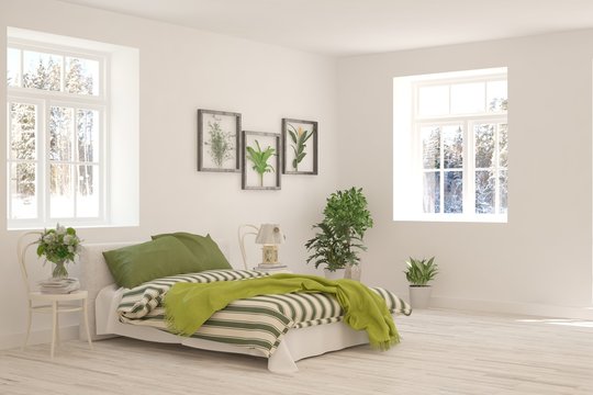 Fototapeta White bedroom interior. Scandinavian design. 3D illustration