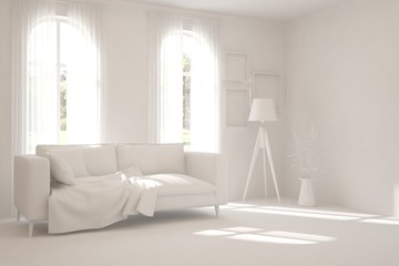 White minimalist living room with sofa. Scandinavian interior design. 3D illustration