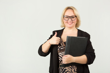 beautiful young woman on a white background wearing glasses
