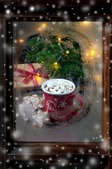 Christmas  treats   at winter window,  selective focus