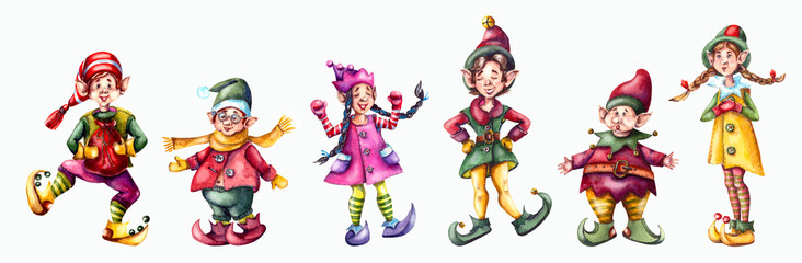 watercolor illustration.Cute Christmas little elves are Santa's helpers.isolated on a white background.